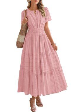 Women's Pink Summer Maxi Dress Lightweight Short Sleeve V Neck Elastic Waist